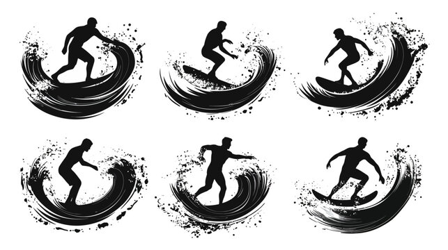 Silhouettes of surfers riding waves, depicted with brush strokes and a splash effect, monochrome