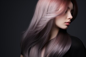 Naklejka premium Woman showing her long colored hair with a dark background