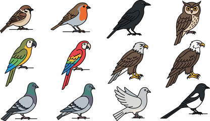 Obraz premium Colorful and realistic bird icon set with sparrow robin crow owl parrot eagle pigeon and magpie illustrations