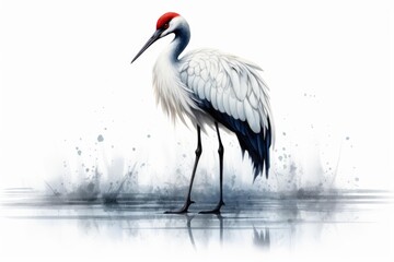Fototapeta premium Red crowned crane symbolizing longevity, elegance, and good fortune in a watercolor painting