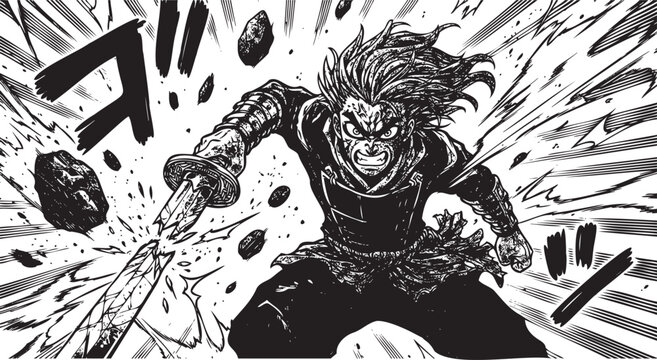 Manga style muscular man with sword in action pose