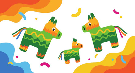 Naklejka premium Festive pinatas in various sizes, adorned with colorful patterns, ready for a celebration and party fun, set against a vibrant abstract background with confetti