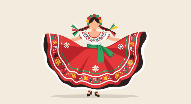 Traditional Mexican Dancer in a Vibrant Embroidered Folklorico Dress with Braids