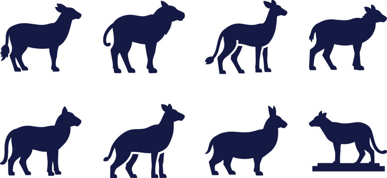 Farm animal silhouette icon set with cow donkey goat and livestock shapes in minimal flat style for agriculture design
