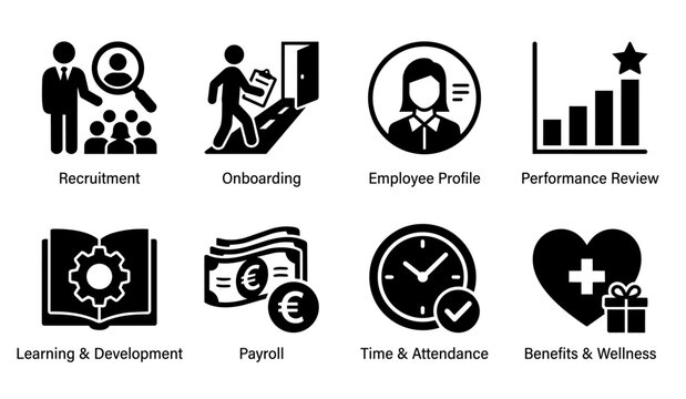 HR dashboard icon set, human resources management UI glyph icons in clean vector style