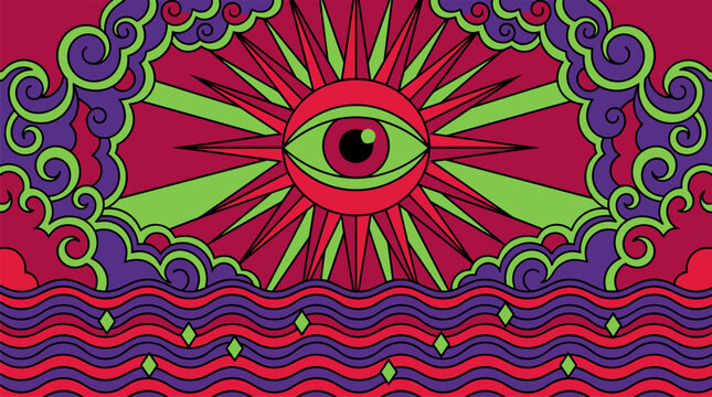 Large Geometric Eye Inside Sun With Sharp Rays Over Repeating Sea Waves Pop Surrealism Flat Illustration With Bold Outlines