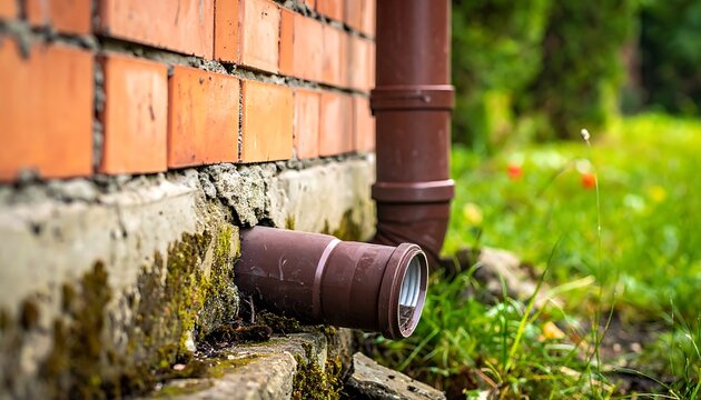 Drainpipe exiting brick wall with moss. Green grass blurred background. Close up on textured material