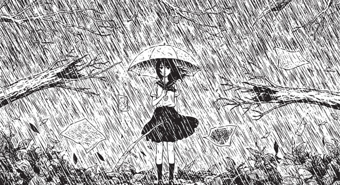 Girl Standing in Rain with Umbrella Under Tree Branches
