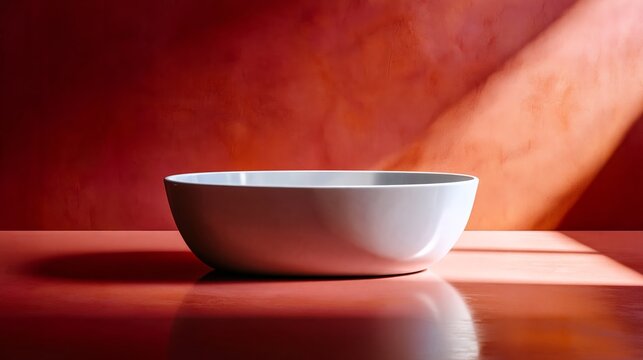 Minimalist white bowl rests on warm-toned surface. Soft sunlight casts gentle shadows across the scene. Rich red backdrop adds depth and calm ambiance. Simplified composition invites focus on form