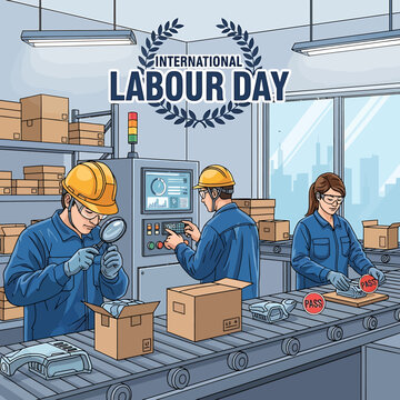 International Labour Day illustration with three workers in blue uniforms operating machinery isolated on transparent background