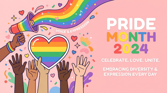 Pride Month 2026 celebration illustration with rainbow heart diverse hands voice expression unity love equality concept for social media banner campaign design