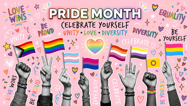Pride Month celebration illustration with diverse hands holding rainbow flags unity love equality message and colorful creative background for social campaign