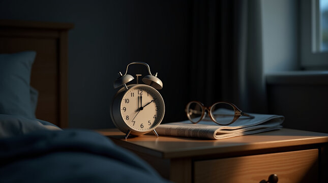Alarm clock, glasses and book on bedside table in dark bedroom during power outage. Night scene with soft shadows and minimal light from window