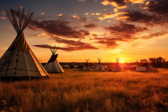 Group of tipis pitched across a dry grass field during a beautiful orange sunset