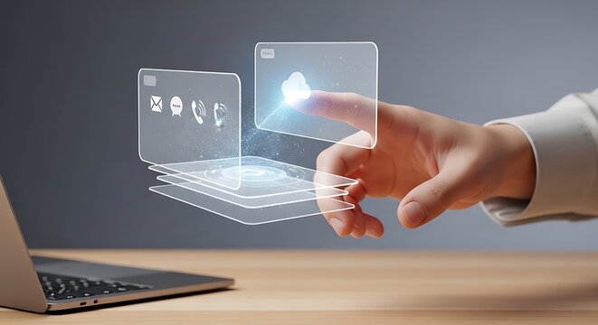 Tangan menyentuh layar holografik dengan ikon cloud dan komunikasi