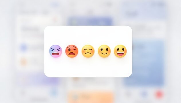 Focused medium shot of a small feedback modal with emoji scale for user mood softly blurred context of app interface behind.