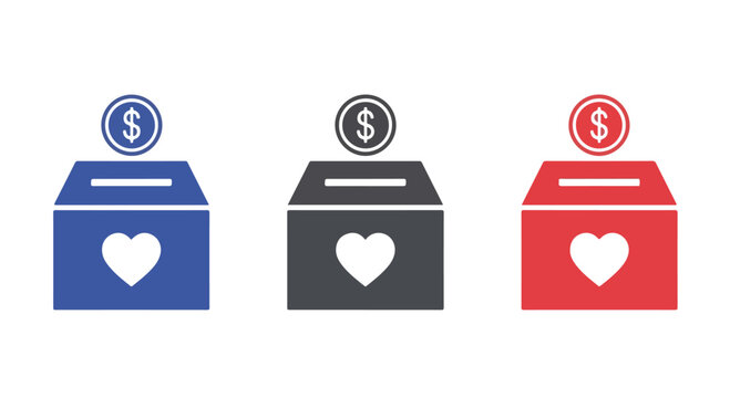 Minimalist illustration of donation boxes in blue black and red with heart symbols for charity fundraising and donation