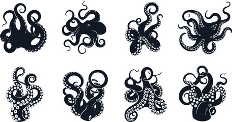 Set of eight stylized dark octopus silhouettes on transparent background. © Sadhin