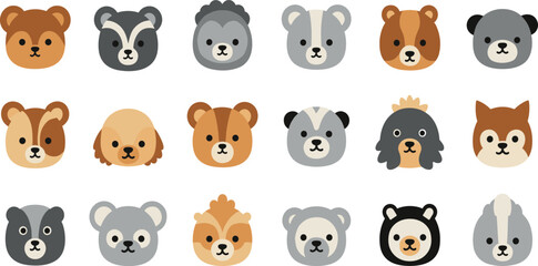 Obraz premium Cute dog face icon set with various breeds in flat minimal style for pet apps branding and animal design