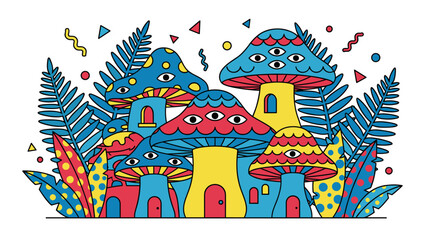 Obraz premium Multi Eyed Mushroom Houses Among Polka Dot Ferns Pop Surrealism Flat Illustration With Bold Outlines
