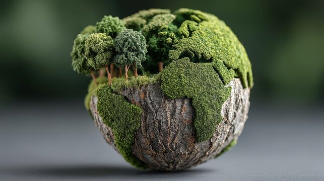 Eco business concept: green planet globe made of bark, moss and trees representing sustainability, environment, nature conservation and corporate responsibility