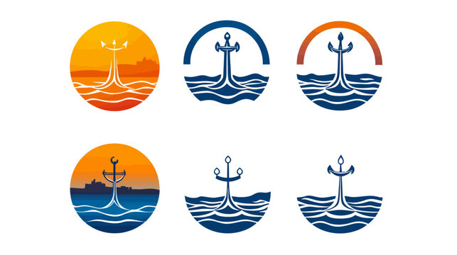Collection of stylized anchor designs, set against circular backdrops depicting water, sun, and land