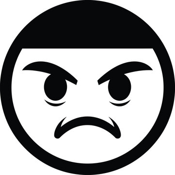 A stark black and white circular icon depicting an angry face with furrowed brows and a downturned mouth