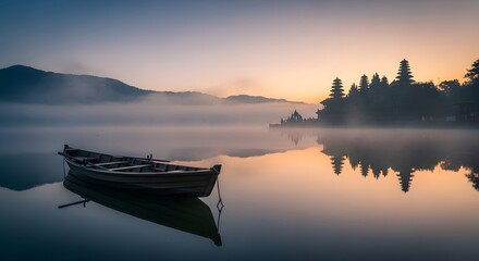 Fototapeta premium Wooden boat on misty lake with Balinese temple at sunrise