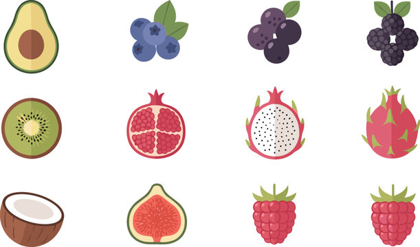 Colorful flat tropical fruit icon set with avocado blueberry blackberry kiwi pomegranate coconut fig dragonfruit and raspberry illustrations