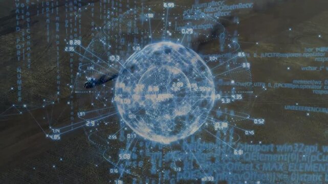 Animating holo globe reacting to drone entering left, showing pulsing nodes and data over fields