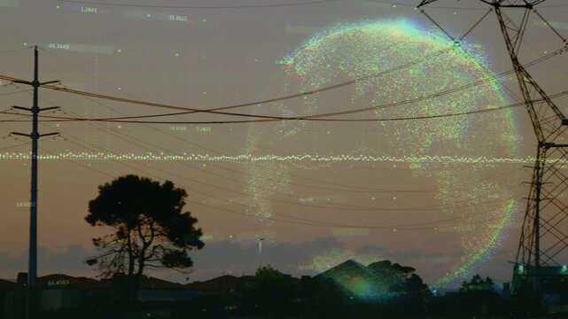Hologram sphere appearing right causing cam panning left sphere expanding showing pylons power flow