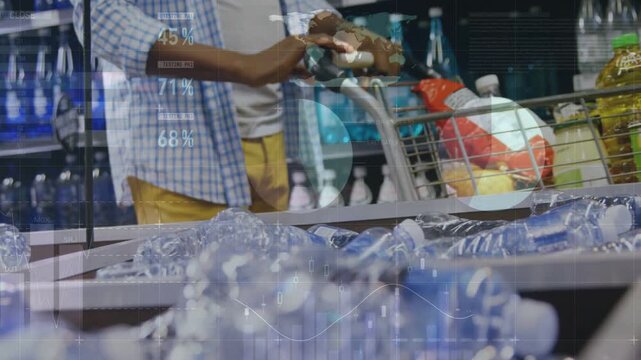 Grocery shopper spotting water rack, pausing, checking labels while charts highlighting bottles