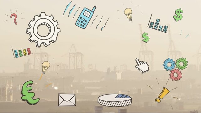 Business icons popping in as timeline moves animating phone charts $ over hazy port for designers