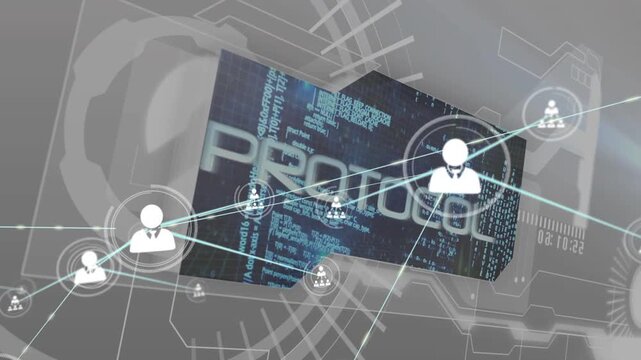 Loading UI, white tie icon moving left linking cyan nodes, building team around rotating code cube