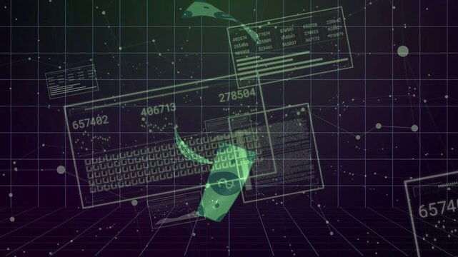 Wireframe keyboard and HUD panels responding to numeric data pulse in finance, banknotes spiraling