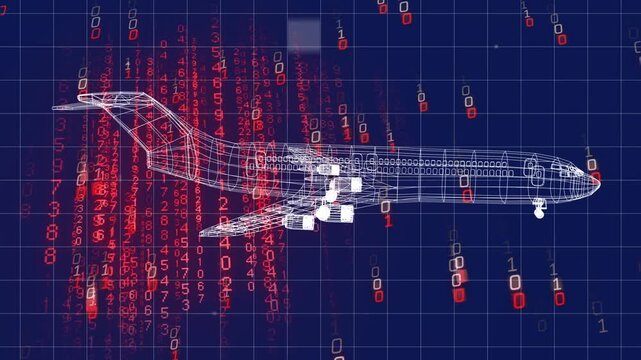 Red digits appearing left and driving wireframe jet rotating across grid, visualizing aviation data