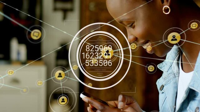 Woman holding phone, tapping and scrolling, HUD expanding into tech network, linking users
