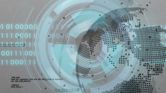 Central HUD appearing, dotted globe and rings expanding, rotating, scanning, visualizing data