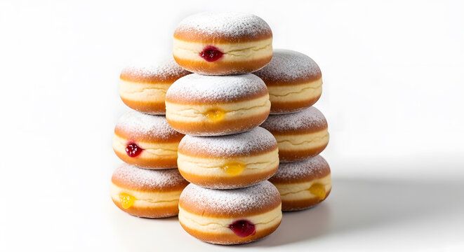 Polish paczki treats or donuts with various fillings and powder sugar on top arranged in stacks against white background