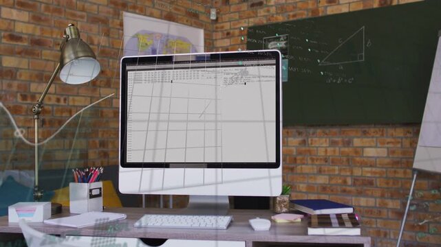 Cursor hovering over monitor, grid loading, chart drawing, numbers rising, showing business data