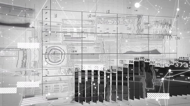 UI elements appearing on wall and starting 3D bars growing then receding, showing business data