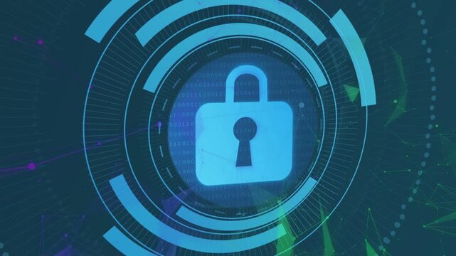 Drifting nodes forming mesh, HUD rings rotating and sliding, revealing padlock securing network