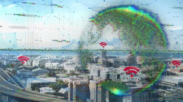Cityscape digital overlay forming color particle globe from right edge showing tech via Wi?Fi icons
