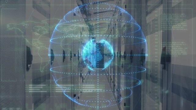 Network monitor detecting spike, showing blue sphere above server racks, core morphing HUD pulsing
