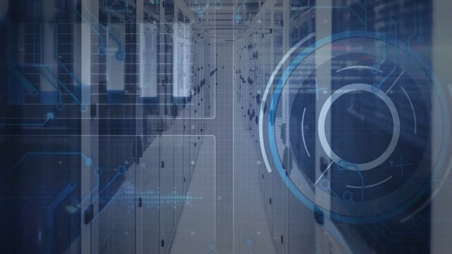 Datacenter aisle moving forward, camera push causing left panels and right HUD to reveal rack depth