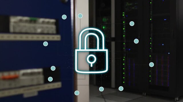 Glyph appearing neon padlock morphing drawing circuits lighting nodes to servers securing network