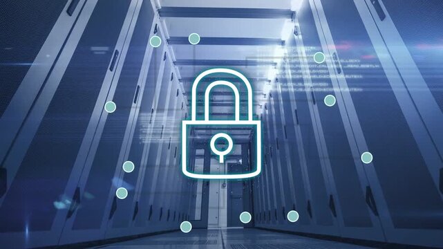 Central padlock icon appearing in data center aisle, forming network nodes and securing systems
