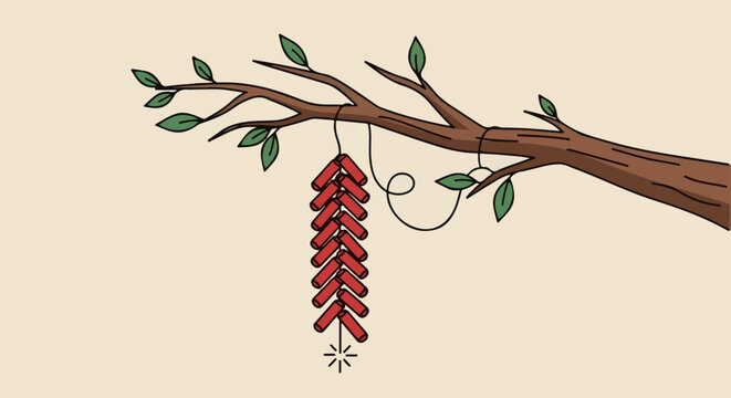 A string of red firecrackers hangs from a brown tree branch