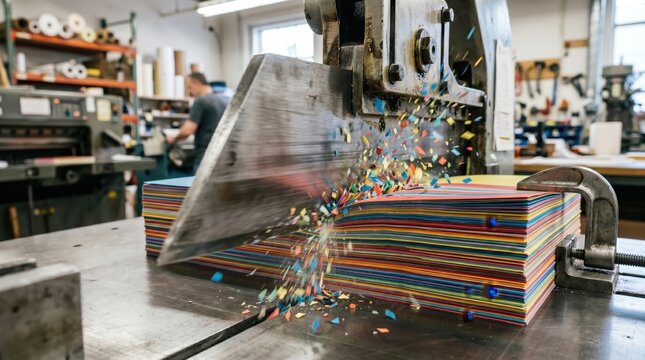 Heavy Duty Guillotine Cutter Slicing Thick Stack of Colorful Paper