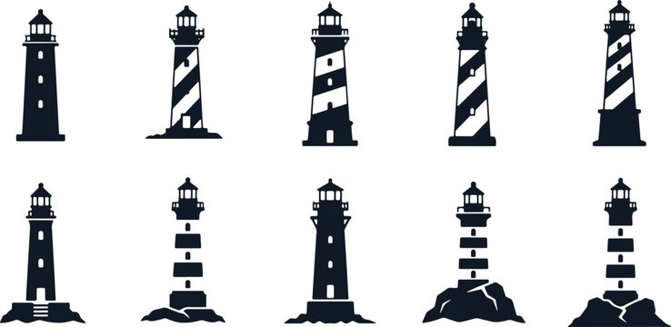 Set of lighthouses with different designs and bases on transparent background for graphic use.